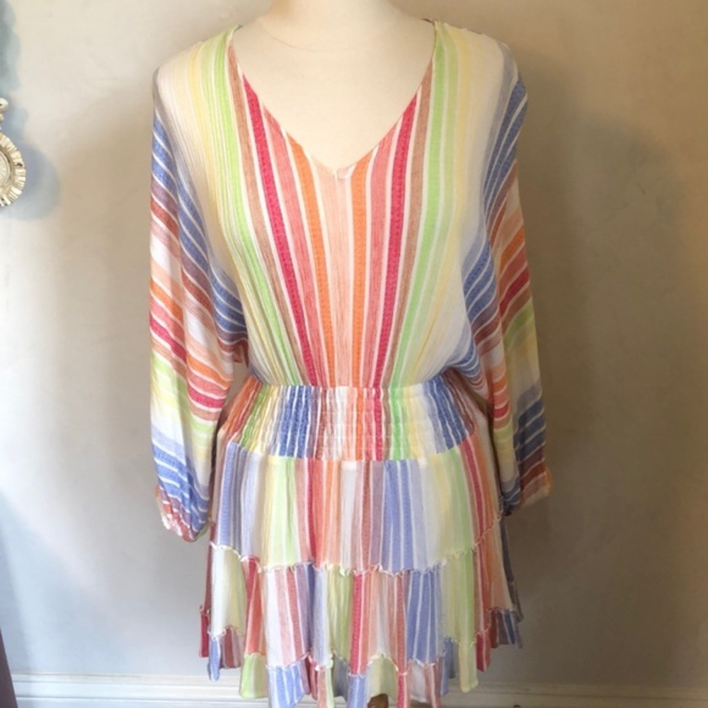 Jardin St. Macris Multi color,striped smocked,tiered mini Dress Size Medium - Picture 3 of 13
